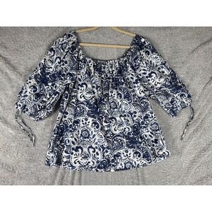 Dylan Blouse Womens Large Blue White Paisley Cotton Boho Peasant 3/4 Sleeve Top